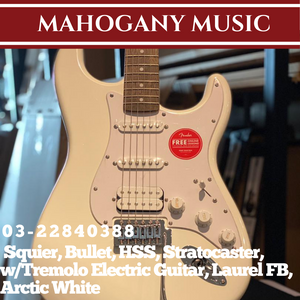 Squier Bullet HSS Stratocaster w/Tremolo Electric Guitar, Laurel FB, Arctic White