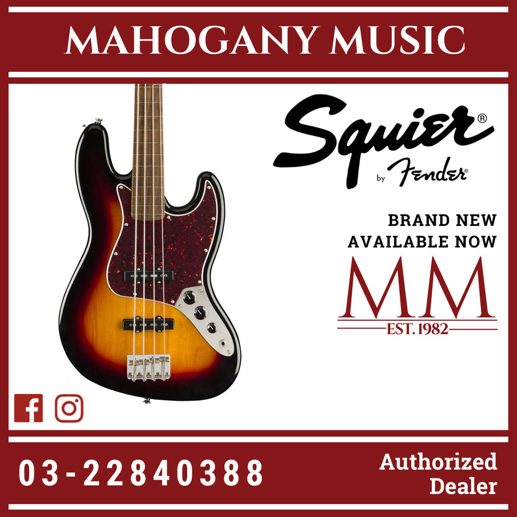 Squier Classic Vibe 60s Jazz Bass Fretless Guitar, Laurel FB, 3-Tone Sunburst