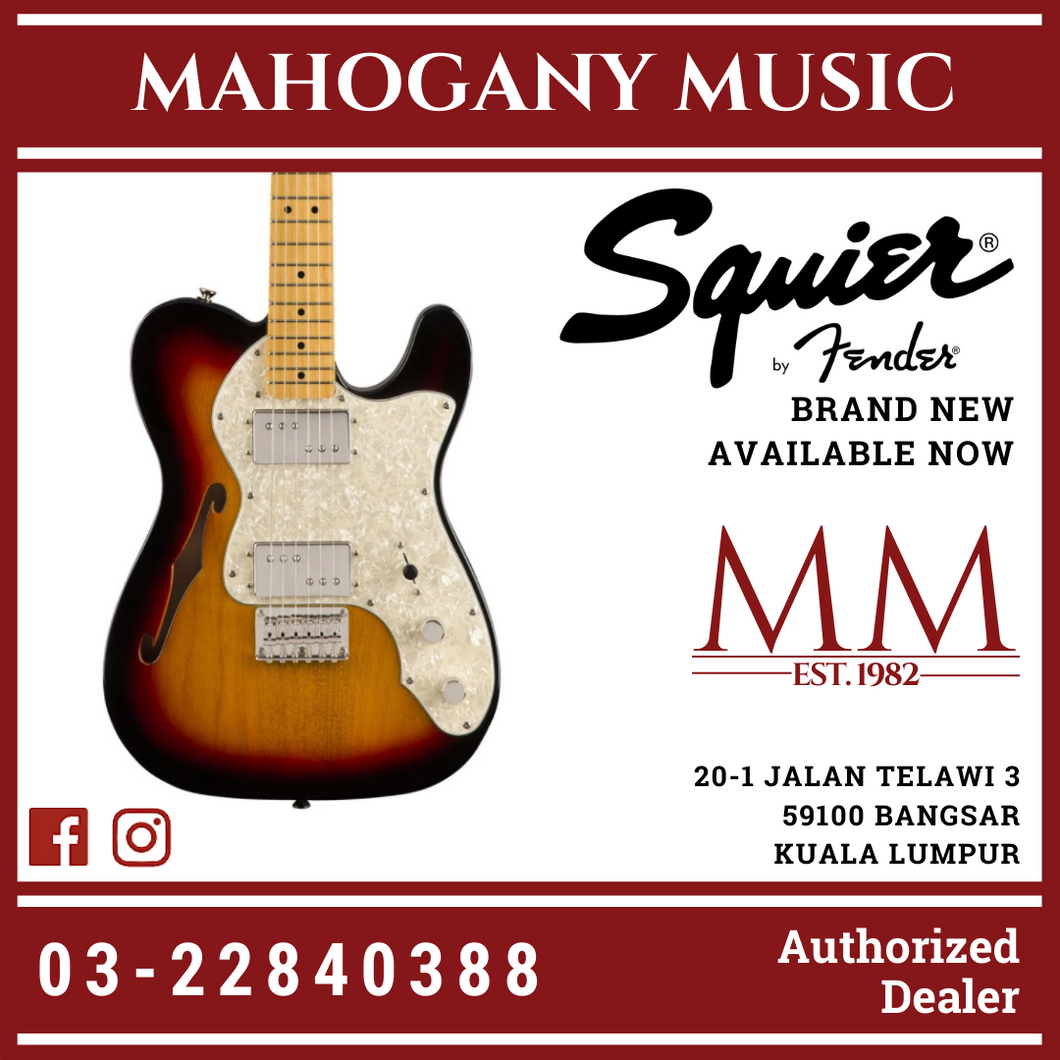 Squier Classic Vibe 70s Telecaster Thinline Electric Guitar, Maple FB, 3-Tone Sunburst
