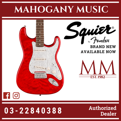 Squier FSR Affinity Series Stratocaster QMT Electric Guitar, Laurel FB, Crimson Red Transparent