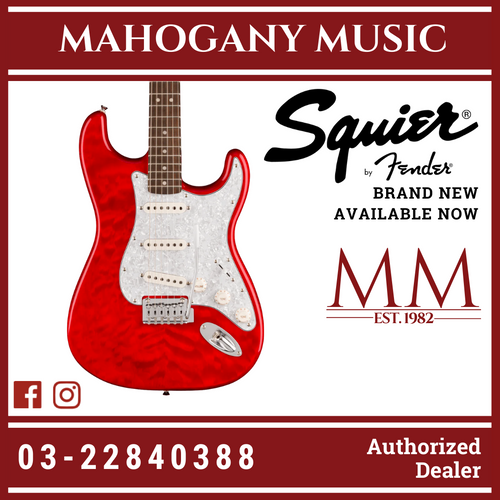 Squier FSR Affinity Series Stratocaster QMT Electric Guitar, Laurel FB, Crimson Red Transparent