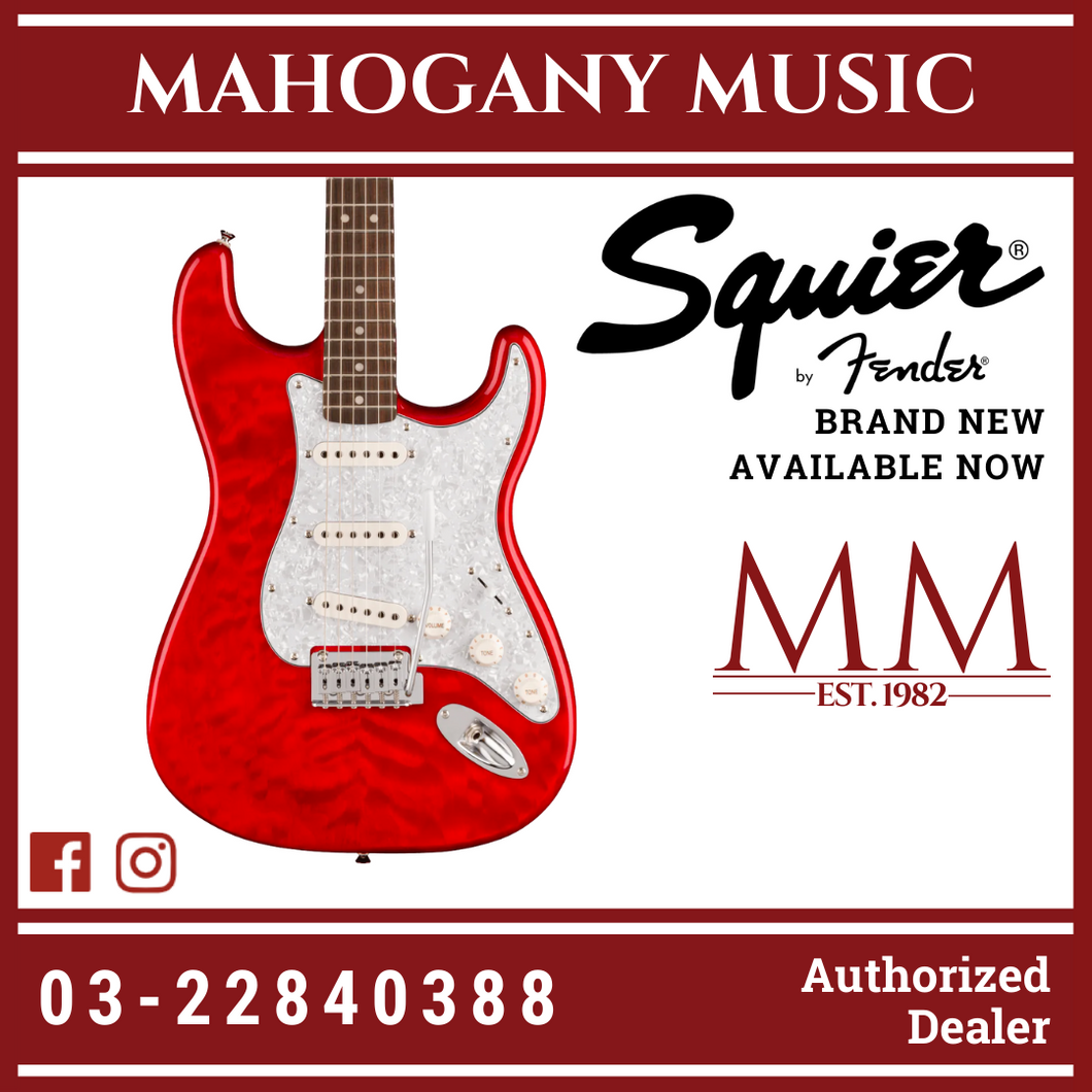 Squier FSR Affinity Series Stratocaster QMT Electric Guitar, Laurel FB, Crimson Red Transparent