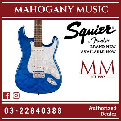 Squier FSR Affinity Series Stratocaster QMT Electric Guitar, Laurel FB, Sapphire Blue Transparent