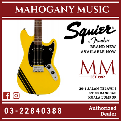 Squier FSR Bullet Competition HH Mustang Guitar w/ Black Stripes, Laurel FB, Graffiti Yellow