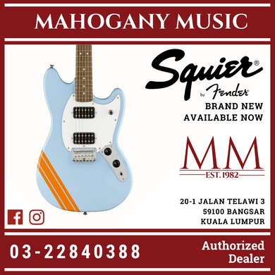 Squier FSR Bullet Competition HH Mustang Guitar w/ Orange Stripes, Laurel FB, Daphne Blue