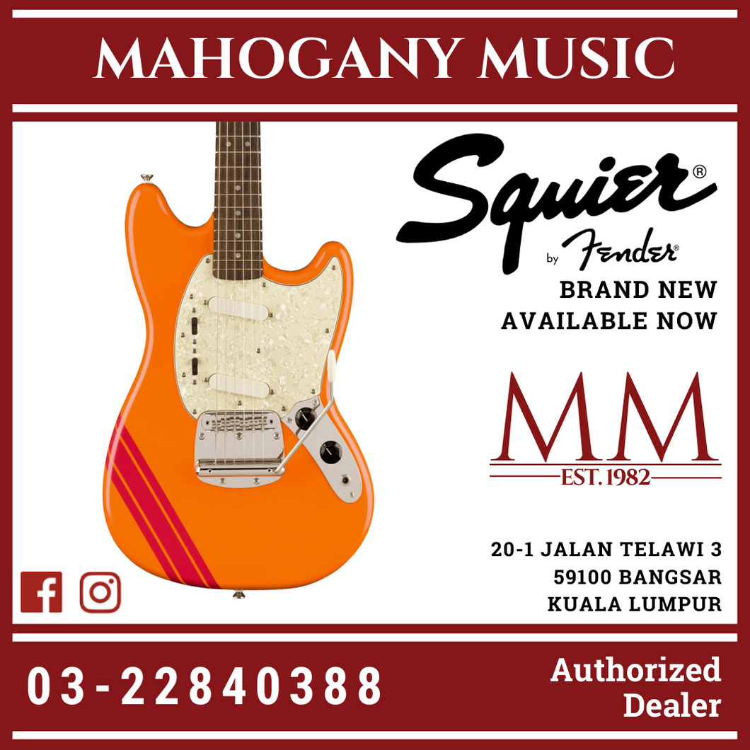 Squier FSR Classic Vibe 60s Competition Mustang Guitar w/ Dakota Red Stripes, Capri Orange