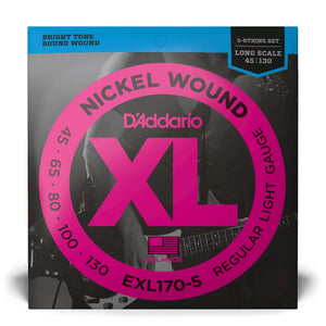 D’Addario EXL170-5 XL Nickel Wound 5-String Electric Bass Strings, Regular Light, Long Scale, 45-130 Gauge