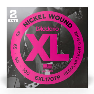 D’Addario EXL170TP XL Nickel Wound Electric Bass Strings, Regular Light, Long Scale, 45-100 Gauge, 2-Pack