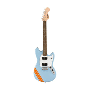Squier FSR Bullet Competition HH Mustang Guitar w/ Orange Stripes, Laurel FB, Daphne Blue