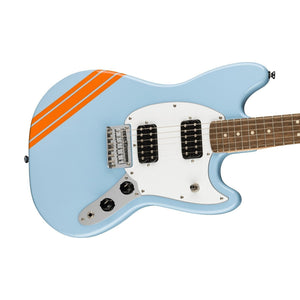 Squier FSR Bullet Competition HH Mustang Guitar w/ Orange Stripes, Laurel FB, Daphne Blue