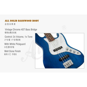 Aiersi Solid Basswood Body 4-String Electric Jazz Bass -ST202B-AB (Antique Blue)